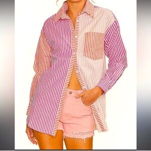 Solid & Striped Pink Red Orange White Stripe Cotton Long Sleeve Button Down
